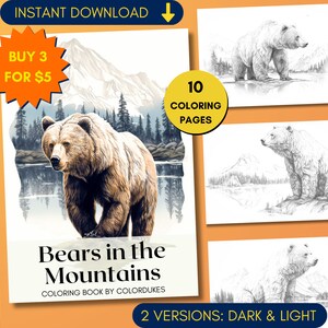 10 Bear Coloring Pages, Adult Coloring Book in Grayscale, Wilderness Coloring Sheets, Printable PDF