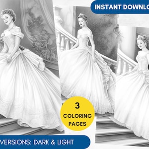 3 Coloring Pages Ball Gown Grayscale Adult Coloring Wedding Dress Coloring Page, Princess Portrait Coloring, Printable Coloring PDF