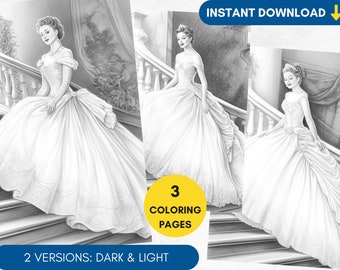 3 Coloring Pages Ball Gown Grayscale Adult Coloring Wedding Dress Coloring Page, Princess Portrait Coloring, Printable Coloring PDF