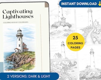 25 Coloring Pages Lighthouses Grayscale Adult Coloring Book, Summer Coloring, Seaside Coloring Pages for Pigment, Printable PDF