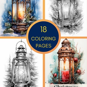 May include: A coloring book featuring 18 grayscale illustrations of Christmas lanterns. The book is titled "Christmas Lanterns" and includes the text "Coloring Book by ColorDukes".