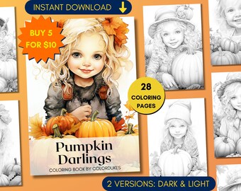 Op de afbeelding: Een kleurboekomslag met een meisje met blond haar dat pompoenen vasthoudt. De titel van het boek is "Pumpkin Darlings" en de ondertitel is "Coloring Book by ColorDukes". De omslag bevat ook de tekst "28 Coloring Pages" en "2 Versions: Dark & Light".
