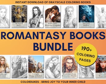 Romantasy Coloring Pages Bundle, Angels Warriors Dragons Coloring Book for Adult, Book Theme Coloring Sheets, Digital Gift for Book Lovers