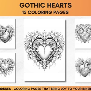 Set of 15 coloring pages for adults featuring pictures of gothic hearts