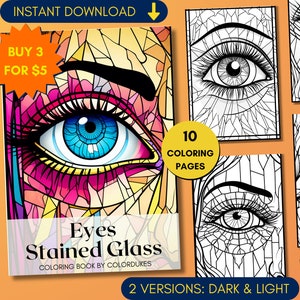 10 Eyes Coloring Pages Stained Glass, Not Grayscale Coloring Book for Adults, Digital Coloring Sheets