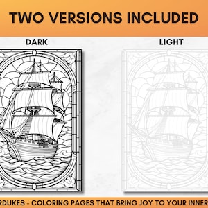 Set of 25 adult coloring pages of nautical stained glasses featuring ships, lighthouses, tropical islands, anchors, and sea animals.