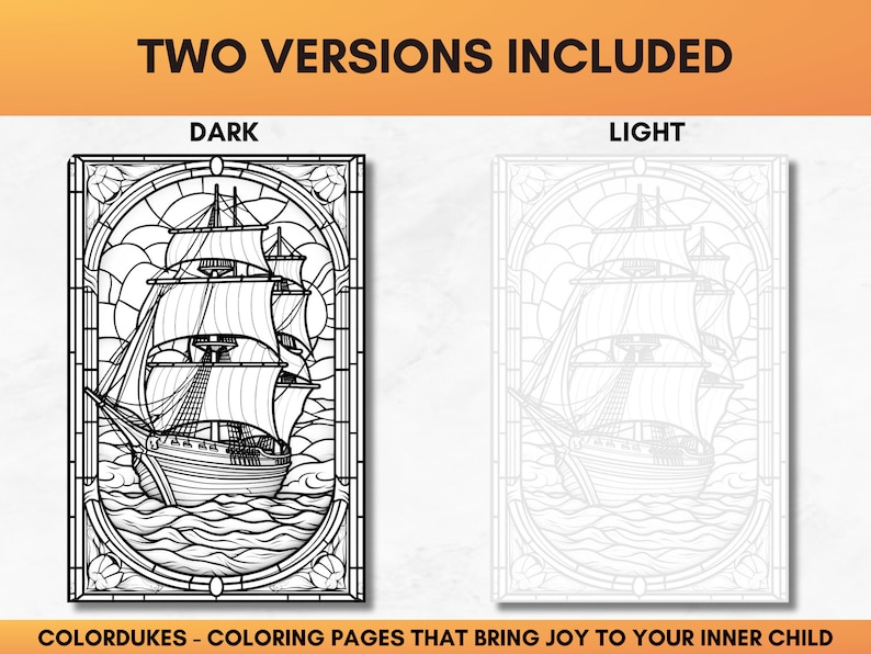 Set of 25 adult coloring pages of nautical stained glasses featuring ships, lighthouses, tropical islands, anchors, and sea animals.