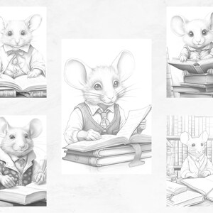 May include: A black and white illustration of five mice wearing waistcoats and reading books. The mice are sitting at desks with stacks of books.