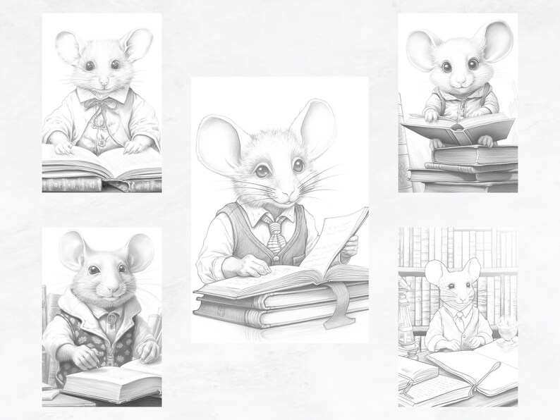 May include: A black and white illustration of five mice wearing waistcoats and reading books. The mice are sitting at desks with stacks of books.
