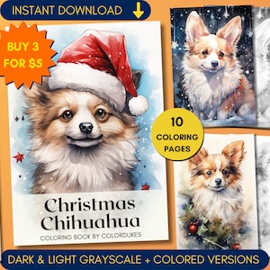 Weihnachten Chihuahua Ausmalbilder in Graustufen, Aquarell Malbuch für Erwachsene, Hunde Malbuch, Farbige Version