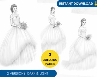3 Coloring Pages Wedding Dress Grayscale Adult Coloring Book Ball Gown Coloring Page, Bride Portrait Coloring Wedding, Printable PDF