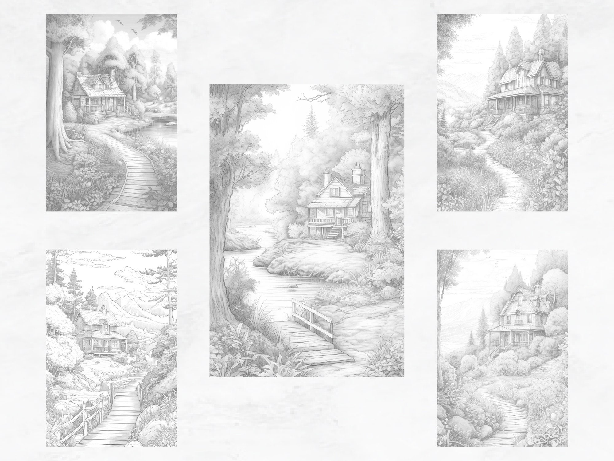 25 Coloring Pages, Forest Cottages Coloring Book Grayscale Coloring for ...