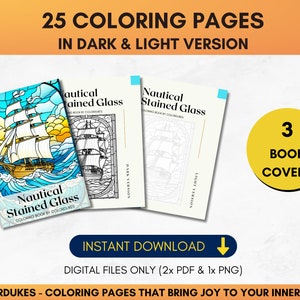 Set of 25 adult coloring pages of nautical stained glasses featuring ships, lighthouses, tropical islands, anchors, and sea animals.