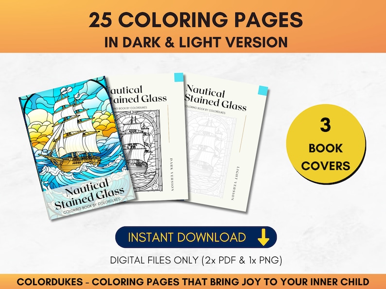 Set of 25 adult coloring pages of nautical stained glasses featuring ships, lighthouses, tropical islands, anchors, and sea animals.