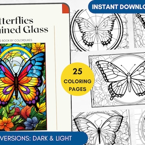 25 Coloring Pages Butterflies Stained Glass Grayscale Adult Coloring Book, Coloring Page Pigment, Watercolor Coloring Page, Digital Coloring