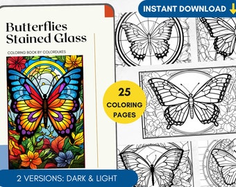 May include: A colouring book featuring 25 pages of intricate stained glass butterfly designs. The cover shows a colourful butterfly with floral accents. The book includes two versions: dark and light.