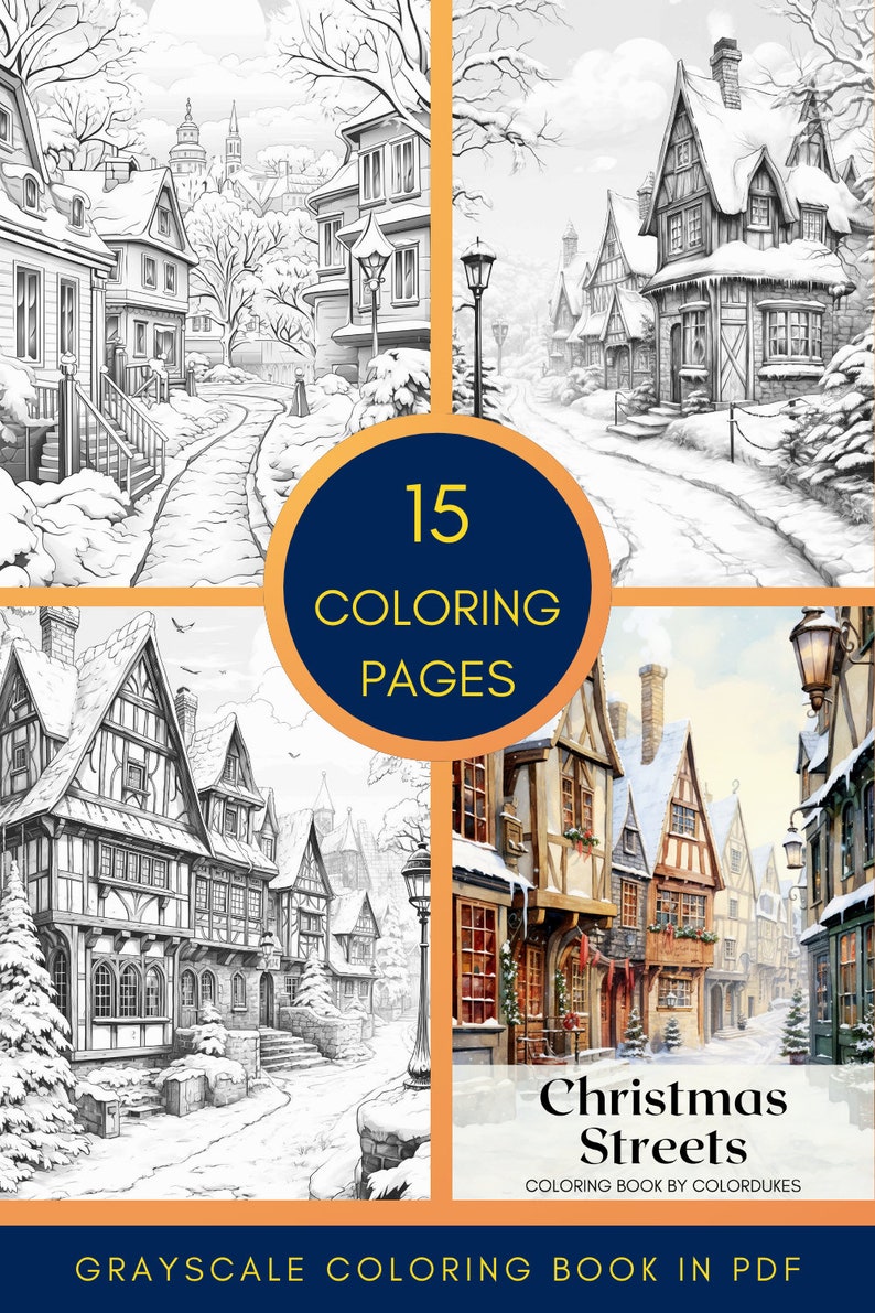 Christmas Streets Coloring Pages in Grayscale, Winter House Coloring ...