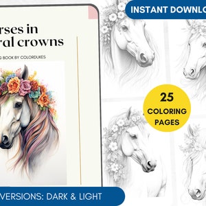 25 Coloring Pages, Horses Grayscale Adult Coloring Book Kids Coloring, Cute Coloring Page for Pigment, Animals Coloring