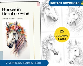 25 Coloring Pages, Horses Grayscale Adult Coloring Book Kids Coloring, Cute Coloring Page for Pigment, Animals Coloring