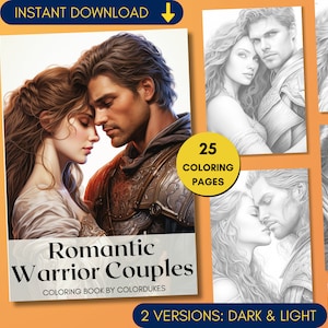 25 Kolorowanki Wojownicy Romantyczna Para Skala Szarości Kolorowanka Dla Dorosłych, Fantasy Książka Para Kolorowanki Ludzie Kolorowanki Cyfrowe Wydrukowane PDF