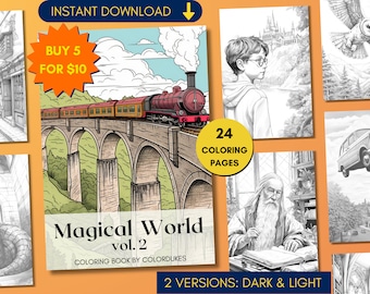 Magical World Coloring Pages, Wizardry Grayscale Adult Coloring Book, Gift for Book Lovers, Magic Coloring Pages, Bookish Merch