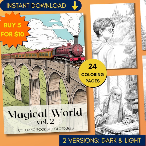 Magical World Coloring Pages, Wizardry Grayscale Adult Coloring Book, Gift for Book Lovers, Magic Coloring Pages, Bookish Merch