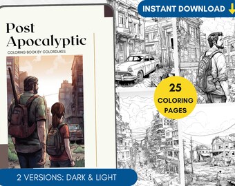 25 Coloring Pages, Post-Apocalyptic, Adult Coloring Book Grayscale, Dystopian Coloring Page, Ruined Cities Coloring Book Desolate Landscapes