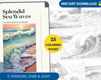 25 Coloring Pages, Sea Waves Grayscale Adult Coloring Book, Advanced Coloring, Seaside Coloring Pages for Pigment, Printable PDF
