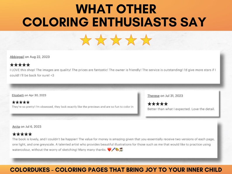 May include: Five-star reviews for a coloring book shop called ColorDukes. The reviews highlight the quality of the images, the value for money, and the friendly service. One review mentions the book includes two versions of each page, one light and one grayscale, making it ideal for practicing watercolor.