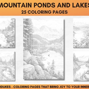 25 Coloring Pages, Mountain Lakes Grayscale Adult Coloring Book ...