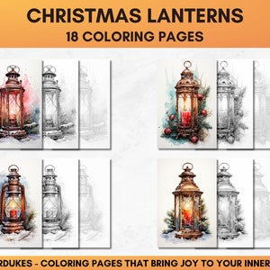 Set of 18 Christmas coloring pages showing charming lanterns in winter scenery