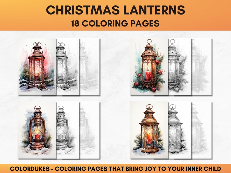 Set of 18 Christmas coloring pages showing charming lanterns in winter scenery