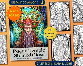 Puede incluir: Un libro para colorear con 30 páginas que presenta ilustraciones de vitrales de un templo pagano. La portada muestra una ilustración colorida de una figura barbuda con cuernos y una corona. El libro está disponible en dos versiones: oscura y clara. El texto en la portada dice "Pagan Temple Stained Glass Coloring Book by ColorDukes".