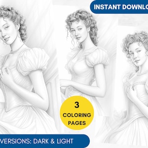 3 Coloring Pages, Regency Dress Grayscale Adult Coloring Pages Pride and Prejudice Coloring Page, Princess Portrait Coloring, Printable PDF