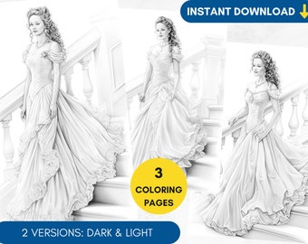 3 Coloring Pages, Vintage Dress Grayscale Adult Coloring Princess Fashion Coloring Page, Bride Portrait Coloring Wedding, Printable PDF
