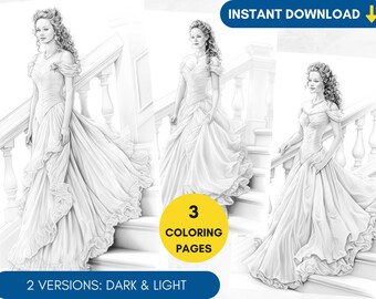 3 Coloring Pages, Vintage Dress Grayscale Adult Coloring Princess Fashion Coloring Page, Bride Portrait Coloring Wedding, Printable PDF