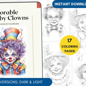 17 Coloring Pages Baby Clowns Coloring Book for Adults Grayscale Watercolor Circus Coloring Sheets, Digital Coloring PDF