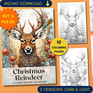 Christmas Coloring Pages in Grayscale, Christmas Reindeer Coloring Book for Adults, Digital Coloring Sheets, PDF