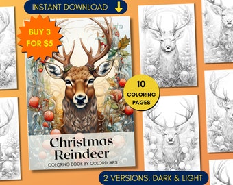 Christmas Coloring Pages in Grayscale, Christmas Reindeer Coloring Book for Adults, Digital Coloring Sheets, PDF