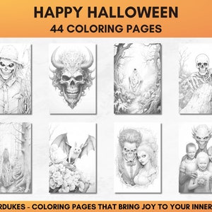 Set of 44 grayscale coloring pages for adults featuring Halloween themed images of skeletons, ghosts, zombies, witches, haunted houses, skulls, graveyards, monsters and much more
