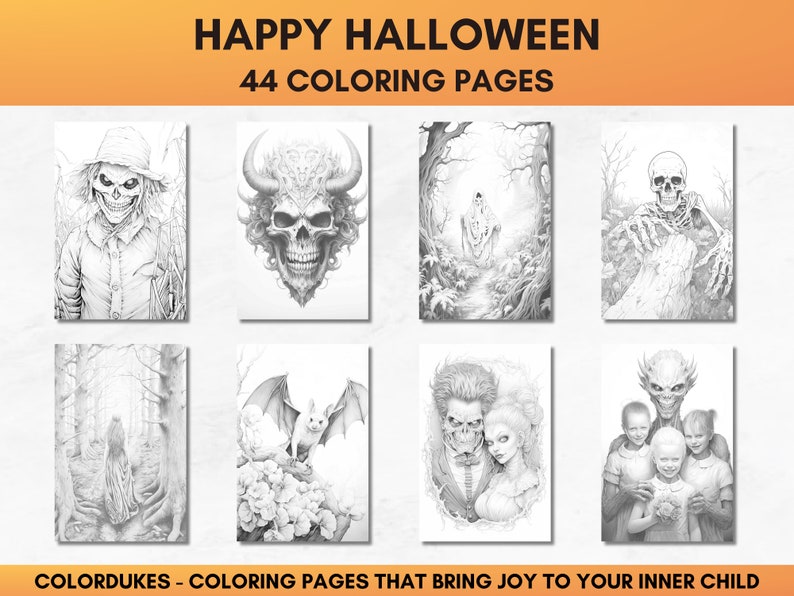 Set of 44 grayscale coloring pages for adults featuring Halloween themed images of skeletons, ghosts, zombies, witches, haunted houses, skulls, graveyards, monsters and much more