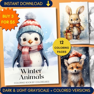 Può includere: Un libro da colorare con 12 illustrazioni di animali invernali. La copertina mostra un pinguino con una sciarpa rosso e bianca e un cappello blu e bianco. Il titolo del libro è "Animali invernali" e il sottotitolo è "Libro da colorare di ColorDukes". Il libro include versioni in scala di grigi scuro e chiaro e versioni a colori delle illustrazioni.
