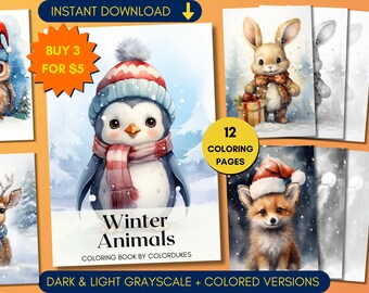 Christmas Animals Coloring Pages in Grayscale, Watercolor Coloring Book for Adults, Winter Coloring Sheets, Colored Version