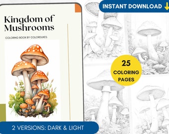 25 Coloring Pages Mushrooms Coloring Book for Adults Grayscale, Autumn Coloring Page, Watercolor Coloring Sheets, Digital Coloring PDF