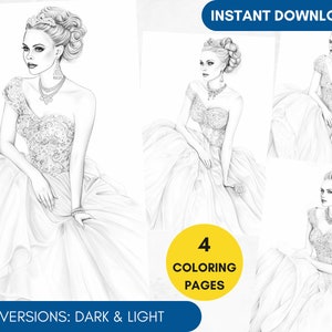 4 Coloring Pages, Wedding Dress Grayscale Adult Coloring Book Princess Fashion Coloring Page, Bride Portrait Coloring, Printable PDF