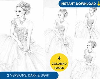 4 Coloring Pages, Wedding Dress Grayscale Adult Coloring Book Princess Fashion Coloring Page, Bride Portrait Coloring, Printable PDF