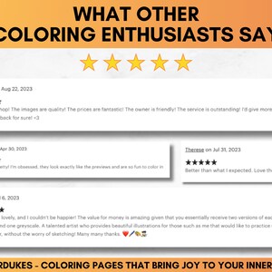 May include: Five-star reviews for a coloring book shop called ColorDukes. The reviews highlight the quality of the images, the value for money, and the friendly service. One review mentions the book includes two versions of each page, one light and one greyscale, making it ideal for practicing watercolor.