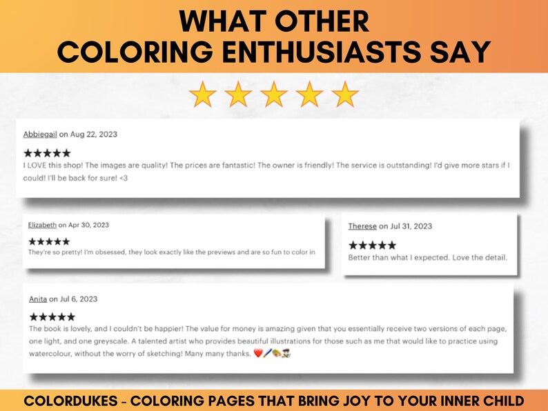 May include: Five-star reviews for a coloring book shop called ColorDukes. The reviews highlight the quality of the images, the value for money, and the friendly service. One review mentions the book includes two versions of each page, one light and one greyscale, making it ideal for practicing watercolor.