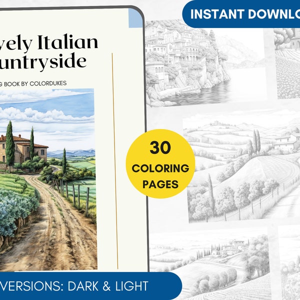 30 Coloring Pages, Italian Landscapes Grayscale Adult Coloring Book, Countryside Coloring, Scenery Coloring Pages for Pigment, Printable PDF