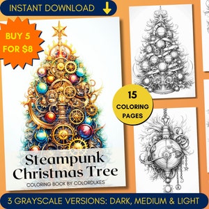 Pages de coloriage de Noël Steampunk pour adultes, feuilles de coloriage en niveaux de gris, PDF imprimable